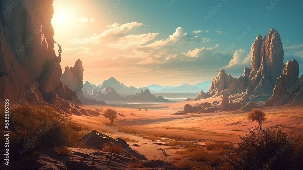 Desert Fantasy Backdrop, Concept Art, CG Artwork, Realistic Illustration with Generative AI
