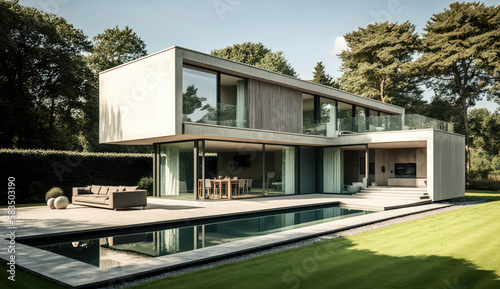 Concrete and glass. Ultra-modern minimalistic style house design. Generative AI © piai