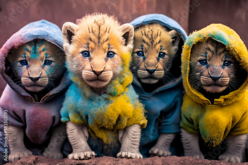 Baby lions wearing plain color hoodies with vivid color bomb explosion backgrounds, cute and adorable animals, explosive colorful backgrounds, digital art. Generative AI © ShadowHero58