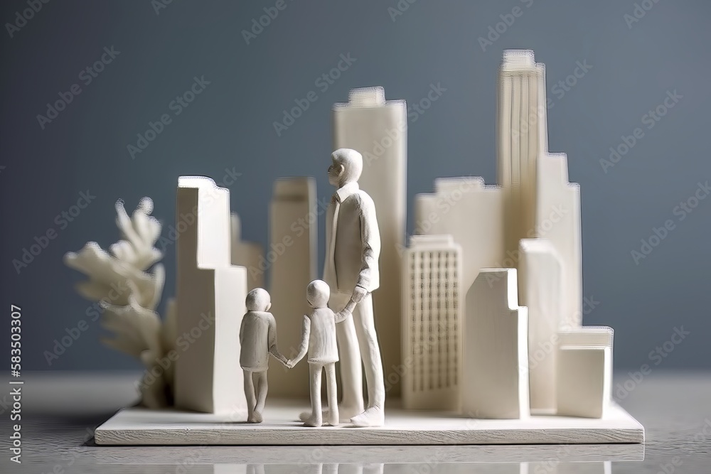 Happy Family In The City, Plaster Model, Eco concept, and Green Power, Generative AI