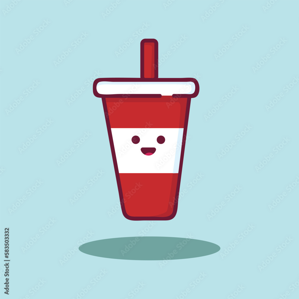 Vector illustration with smiley cartoon plastic cup of soda. Vector cinema time background. Cinema drink and food Vector illustration with smiley cartoon plastic cup of soda. Vector cinema time background. Cinema drink and food