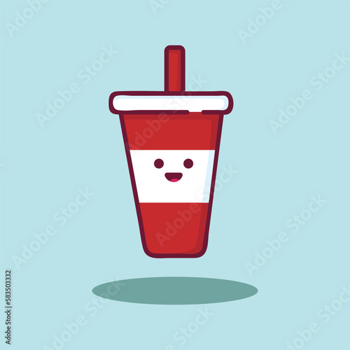 Vector illustration with smiley cartoon plastic cup of soda. Vector cinema time background. Cinema drink and food