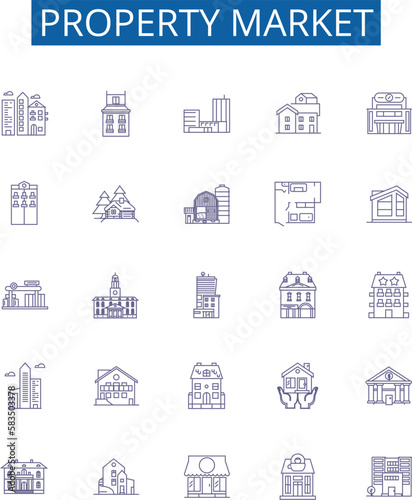 Property market line icons signs set. Design collection of real estate, property, housing, market, investments, sales, homes, prices outline concept vector illustrations