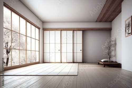 White, empty, and Japanese styled clean modern rooms. Generative AI