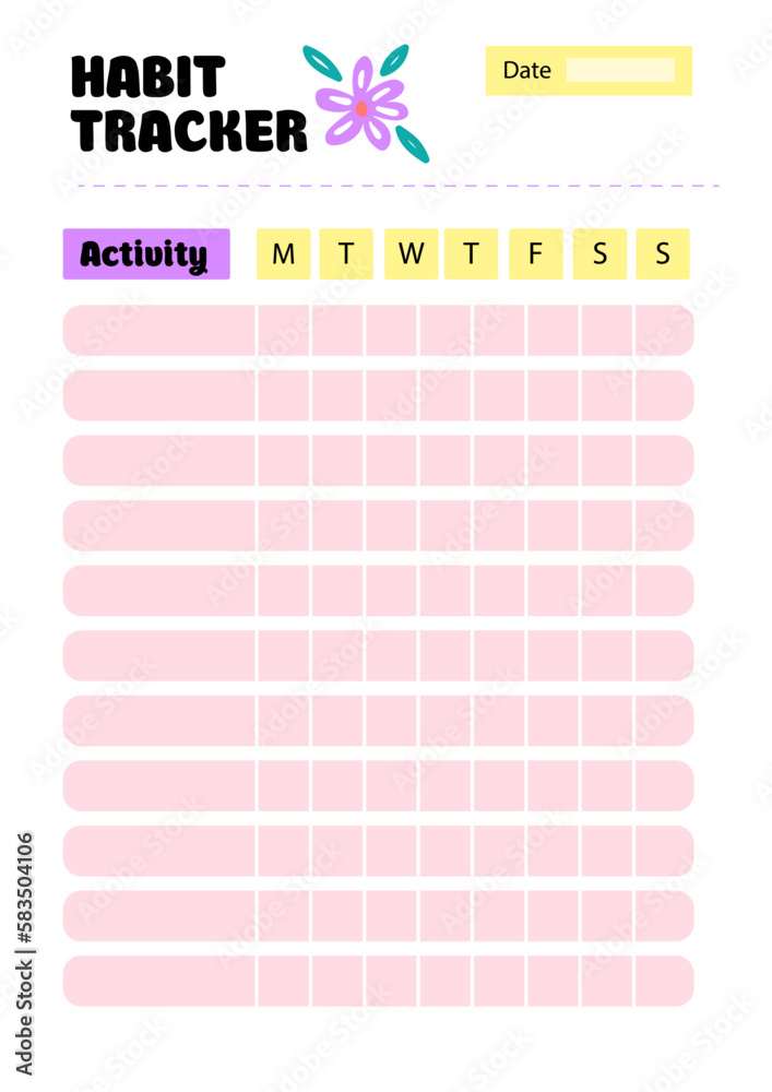 Vectro template of habbits tracker.  Modern young women's planner of diary. Cute design for personal diary trackers page 