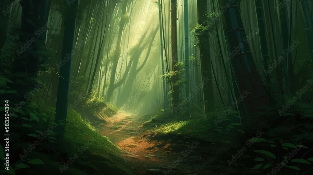 Bamboo Forest Fantasy Backdrop, Concept Art, CG Artwork, Realistic Illustration with Generative AI
