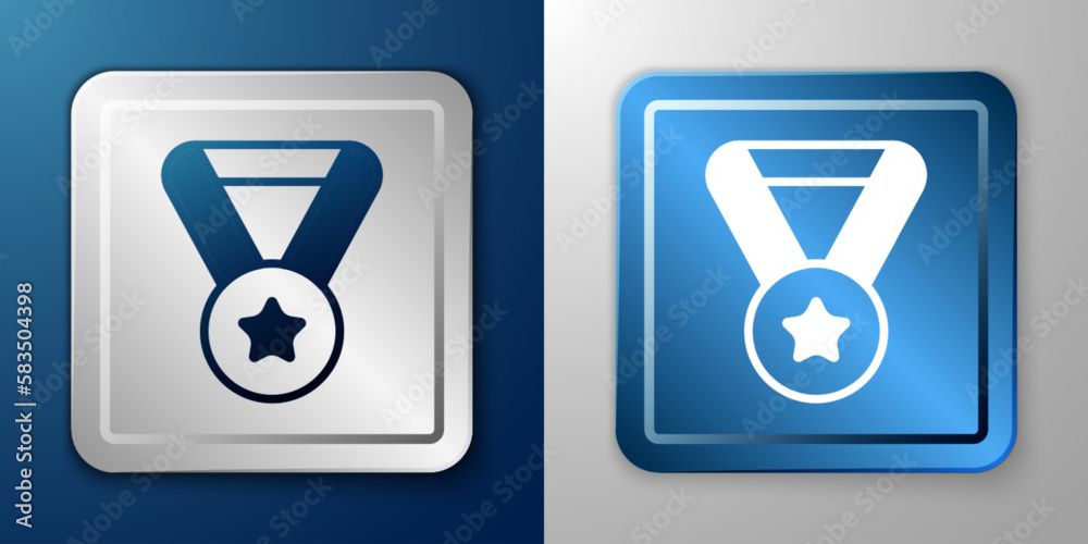 White Medal icon isolated on blue and grey background. Winner symbol. Silver and blue square button. Vector White Medal icon isolated on blue and grey background. Winner symbol. Silver and blue square button. Vector