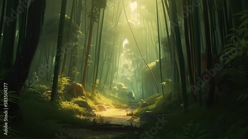Bamboo Forest Fantasy Backdrop, Concept Art, CG Artwork, Realistic Illustration with Generative AI 