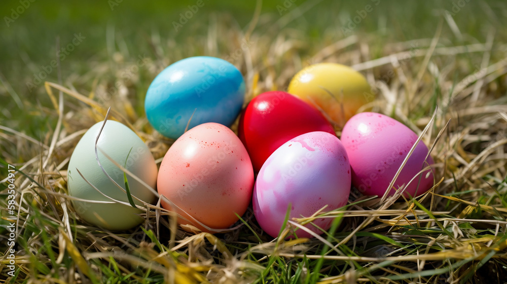 Easter eggs in grass. Generative AI