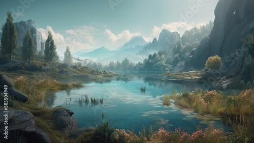 Lake Fantasy Backdrop, Concept Art, CG Artwork, Realistic Illustration with Generative AI 