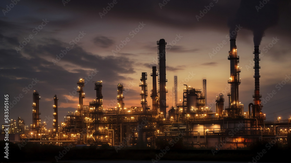 Oil refinery at night. Generative AI
