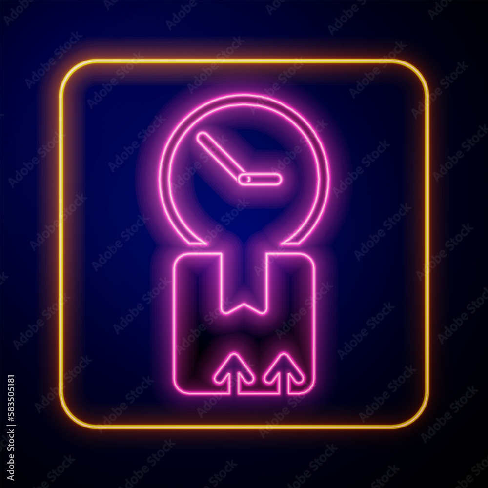 Glowing neon Carton cardboard box and fast time delivery icon isolated on black background. Box, package, parcel sign. Delivery and packaging. Vector Glowing neon Carton cardboard box and fast time delivery icon isolated on black background. Box, package, parcel sign. Delivery and packaging. Vector