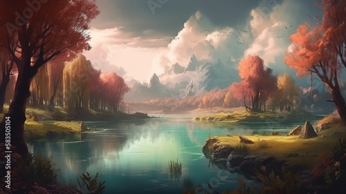 Lake Fantasy Backdrop, Concept Art, CG Artwork, Realistic Illustration with Generative AI 