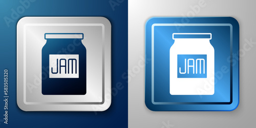 White Jam jar icon isolated on blue and grey background. Silver and blue square button. Vector