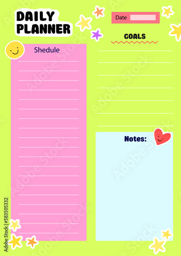 Cute vector template of daily planner. Modern young women's planner of personal diary.