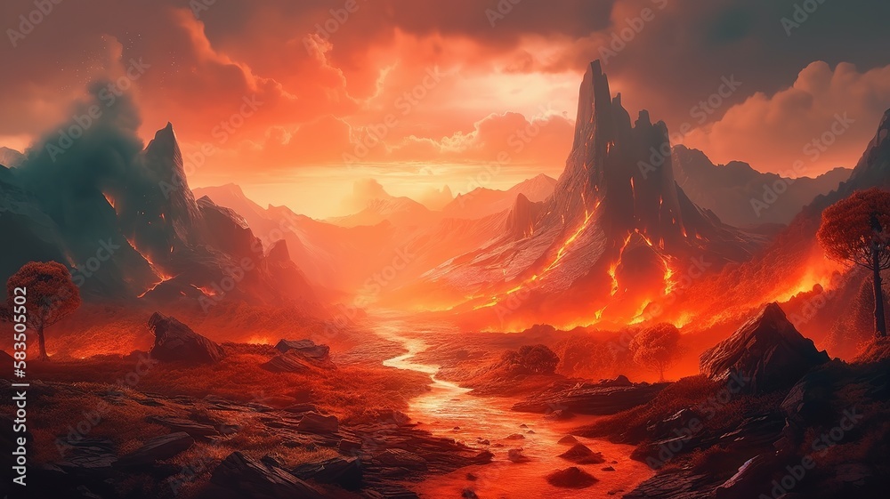 Lava Volcano Fantasy Backdrop, Concept Art, CG Artwork, Realistic Illustration with Generative AI
