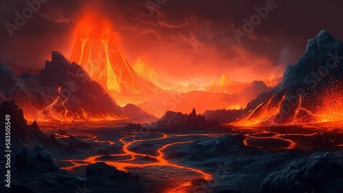 Lava Volcano Fantasy Backdrop, Concept Art, CG Artwork, Realistic Illustration with Generative AI  © YandiDesigns