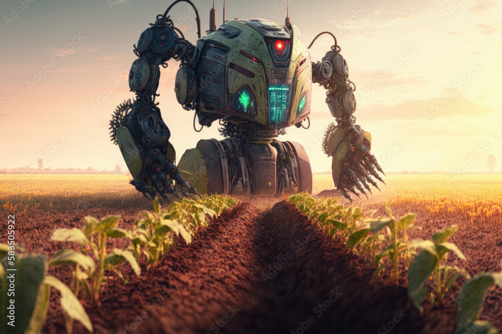 Obraz premium a robotic farmer tending to a field of crops - Generative AI