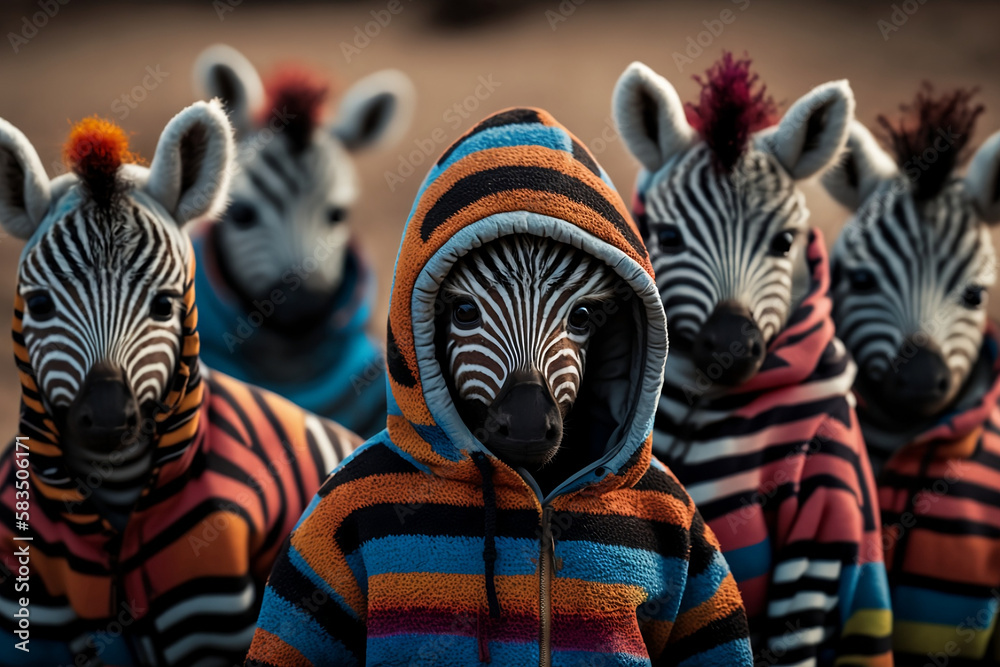 Baby zebras wearing plain color hoodies with vivid color bomb explosion ...