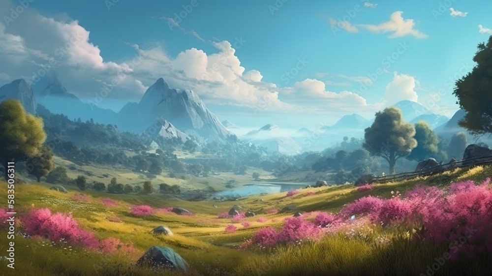 Meadow Fantasy Backdrop, Concept Art, CG Artwork, Realistic Illustration with Generative AI
