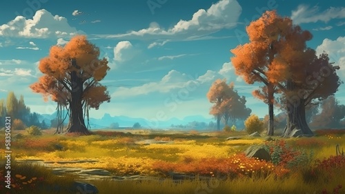 Meadow Fantasy Backdrop, Concept Art, CG Artwork, Realistic Illustration with Generative AI 