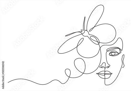 Beautiful woman vector logo design in simple minimal line art style. Pretty portrait with butterfly concept for beauty salon, makeup, cosmetology.
