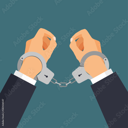 Arrested man in a handcuffs. Concept of arrest. Crime, corruption. Vector illustration in trendy flat style.