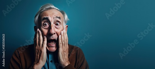 Portrait of a Shocked Older Man on a Blue Background with Copy Space (Generative AI) © JJAVA