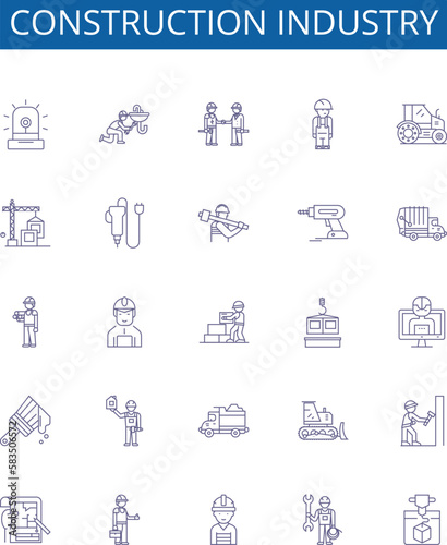 Construction industry line icons signs set. Design collection of Build, Architecture, Engineering, Contracting, Infrastructure, Developing, Designing, Constructing outline concept vector illustrations
