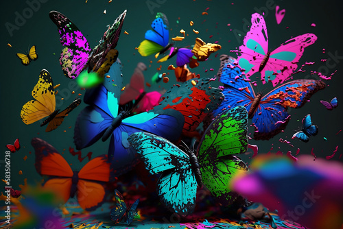 Group of Butterflies wearing plain color hoodies with vivid color bomb explosion backgrounds  cute and adorable animals  explosive colorful backgrounds  digital art. Generative AI