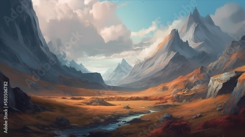 Mountain Fantasy Backdrop, Concept Art, CG Artwork, Realistic Illustration with Generative AI 
