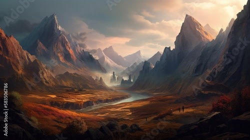 Mountain Fantasy Backdrop, Concept Art, CG Artwork, Realistic Illustration with Generative AI 