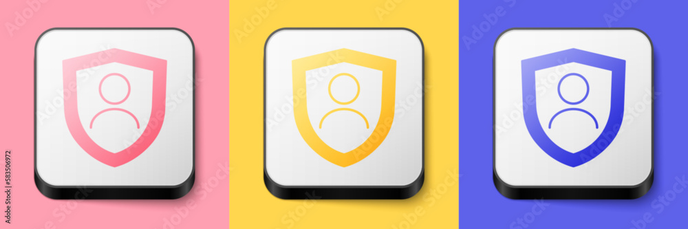 Isometric Life insurance with shield icon isolated on pink, yellow and blue background. Security, safety, protection, protect concept. Square button. Vector Isometric Life insurance with shield icon isolated on pink, yellow and blue background. Security, safety, protection, protect concept. Square button. Vector