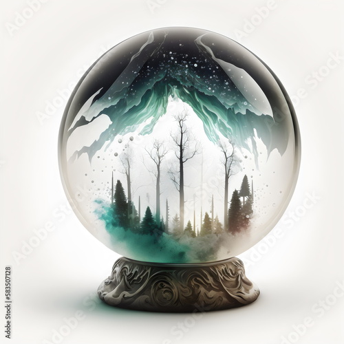 crystal ball with forest trees inside on light studio background, made with generative ai © Ricky