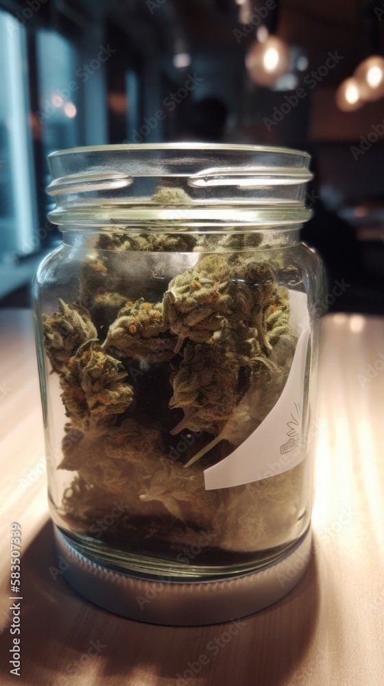 Canabis Buds in a Glass Jar. Generative AI. Canabis Buds in a Glass Jar. Generative AI.