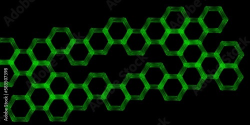 Modern futuristic glowing green geometric shapes pattern with hexagons on black background
