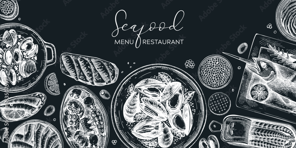 Seafood background on chalkboard. Hand-drawn mussels, oysters, shrimps, caviar, canned fish canape sketches. Mediterranean cuisine, restaurant menu, finger food party banner design