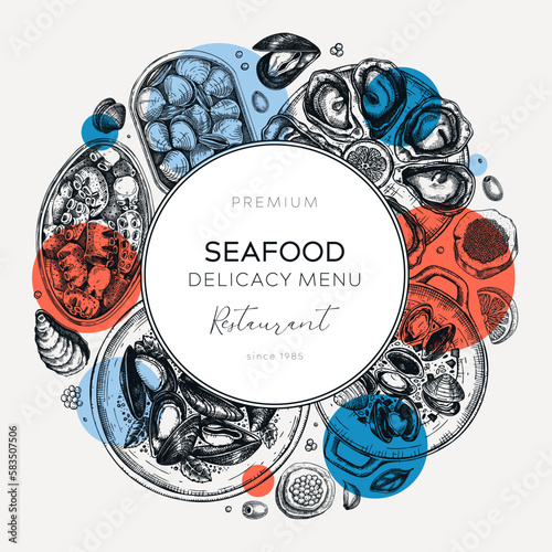 collage style seafood restaurant banner design. Hand drawn tinned fish and cooked shellfish sketches - mussels, oysters, shrimps, caviar, clams, squids. Sea delicacy vector wreath trendy template