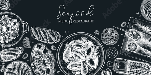 Seafood background on chalkboard. Hand-drawn mussels  oysters  shrimps  caviar  canned fish canape sketches. Mediterranean cuisine  restaurant menu  finger food party banner design