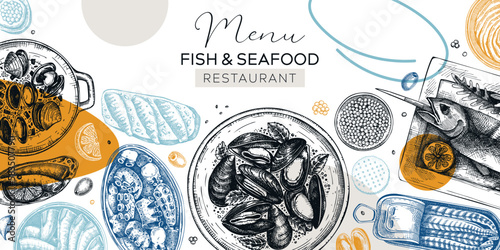 Collage style seafood background. Hand-drawn mussels, oysters, caviar, grilled fish, canned fish canape sketches. Restaurant menu, finger food party banner design. Abstract and geometric shapes