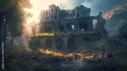 Ruin Building Fantasy Backdrop, Concept Art, CG Artwork, Realistic Illustration with Generative AI 