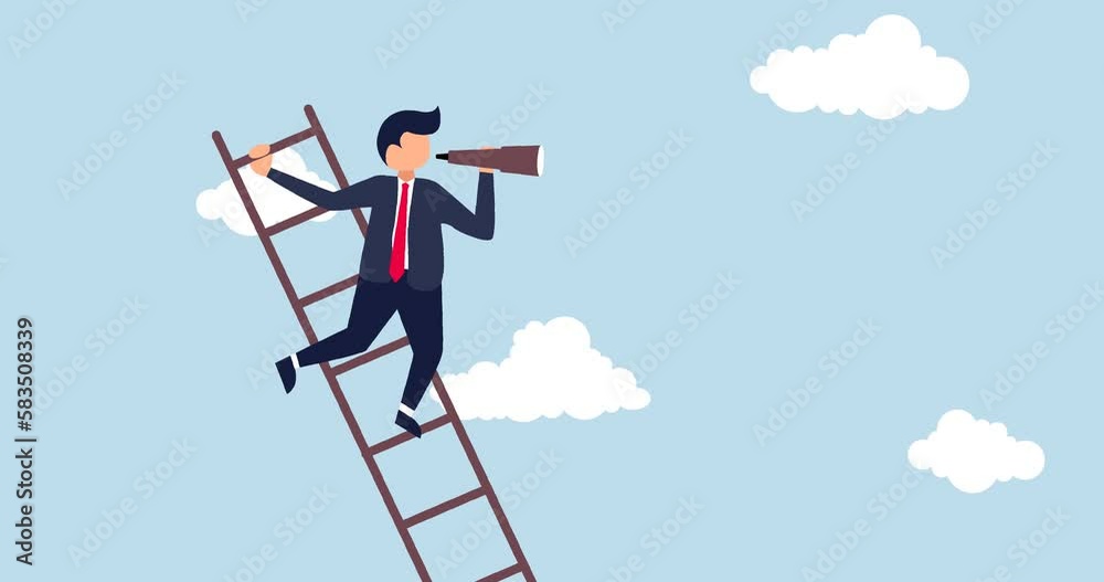 4k motion design of business outlook, vision to see the way businessman leader using a telescope to see vision on top of the ladder 4k motion design of business outlook, vision to see the way businessman leader using a telescope to see vision on top of the ladder