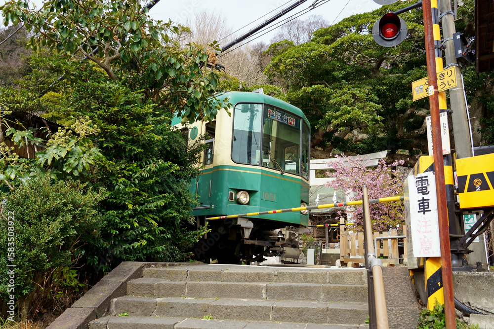 Naklejka premium 鳥居の前に踏切がある御霊神社と江ノ電1000形