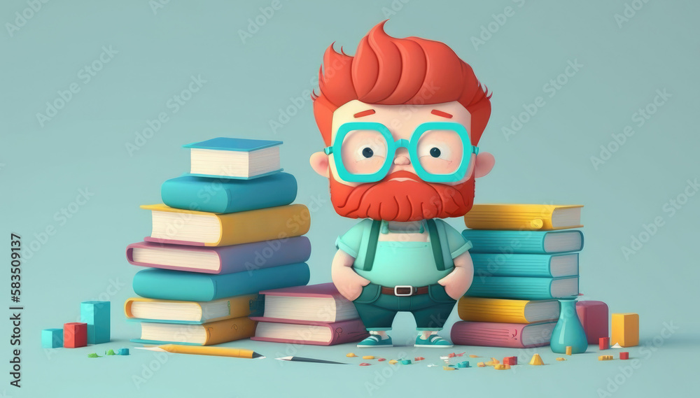 A red-haired man surrounded by stacks of books, lost in the world of words and ideas, his passion for learning and knowledge evident. Generative AI - obrazy, fototapety, plakaty 