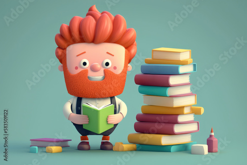 A red-haired man wearing eyeglases surrounded by stacks of books, lost in the world of words and ideas, his passion for learning and knowledge evident. Generative AI photo