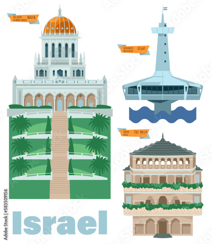 Sights of Israel. Bab Shrine in Bahai Garden, Haifa, Underwater Observatory Marine Park, Eilat, Pagoda House, Tel Aviv photo