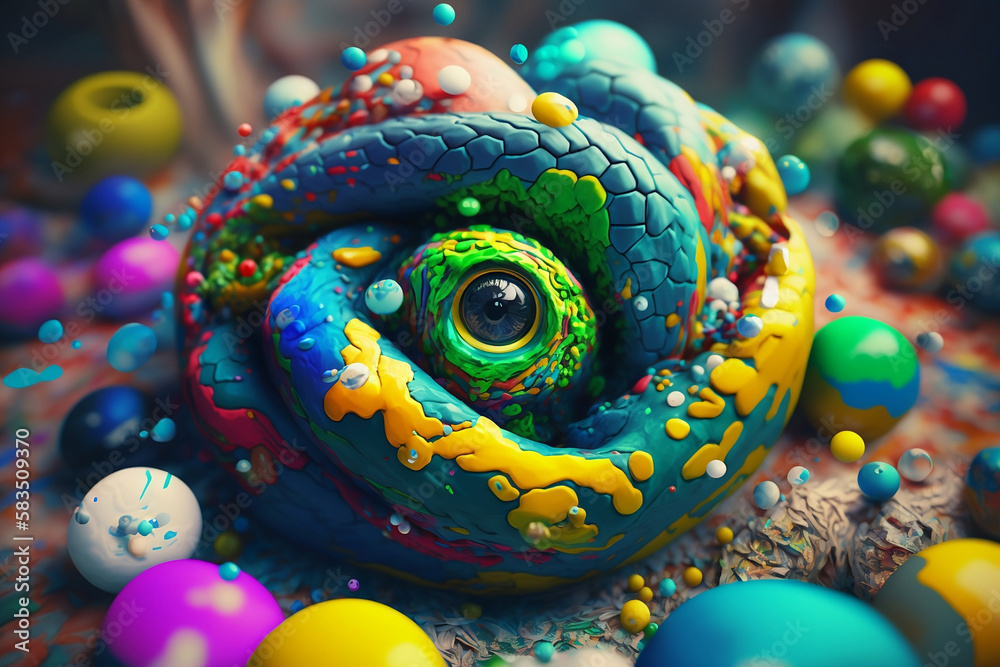 Colorful snake creature with vivid color bomb explosion backgrounds, cute and adorable animals, explosive colorful backgrounds, digital art. Generative AI