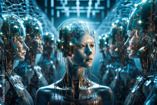 Inter connected human beings or androids. Concept of artificial intelligence or collective intelligence. Created with Generative AI technology.
