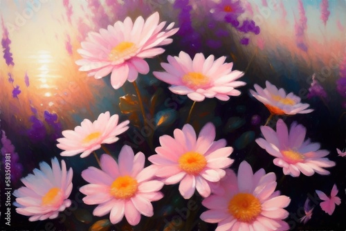 A closeup painting of pink daisies