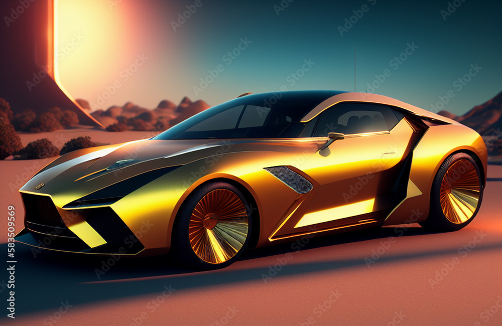 Illustration of a vibrant yellow sports car speeding through a bustling city street created with Generative AI technology
